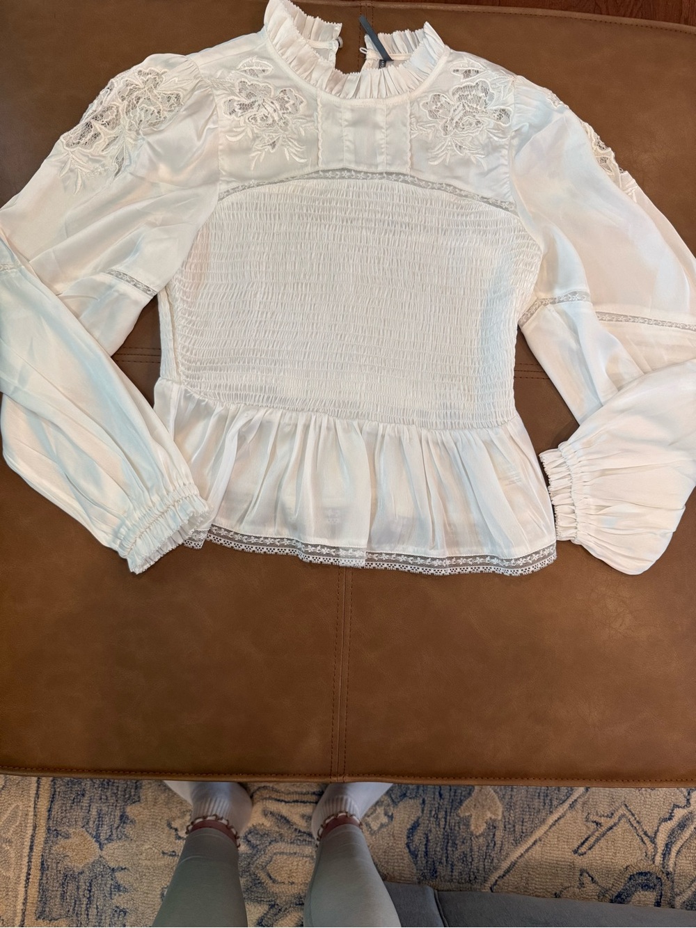 New Never Worn: Anthropologie White Lace Smocked Peplum Blouse